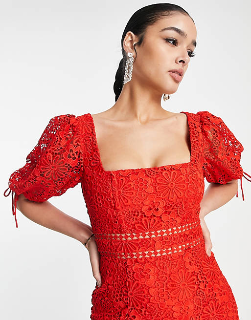 Lichaam Nieuwe betekenis Weigering ASOS DESIGN - Nette mini jurk van kant met gestrikte mouwtjes in rood | ASOS