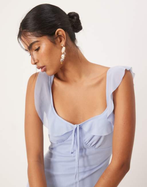 ASOS DESIGN - Nette mini jurk van mesh met bandjes met ruches in babyblauw, 2 van 4