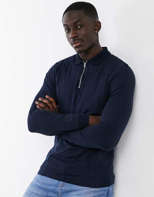 ASOS DESIGN - Nette muscle-fit polo met lange mouwen in marineblauw met rits