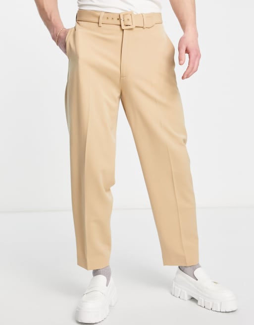 ASOS DESIGN - Nette oversized broek met toelopende pijpen en riem in stone