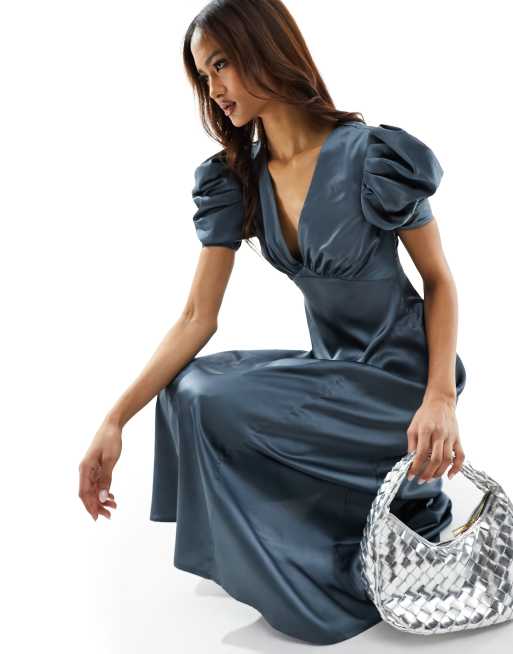 ASOS DESIGN - Nette satijnen midi jurk met V-hals en pofmouwen in blauwgrijs, 2 van 4