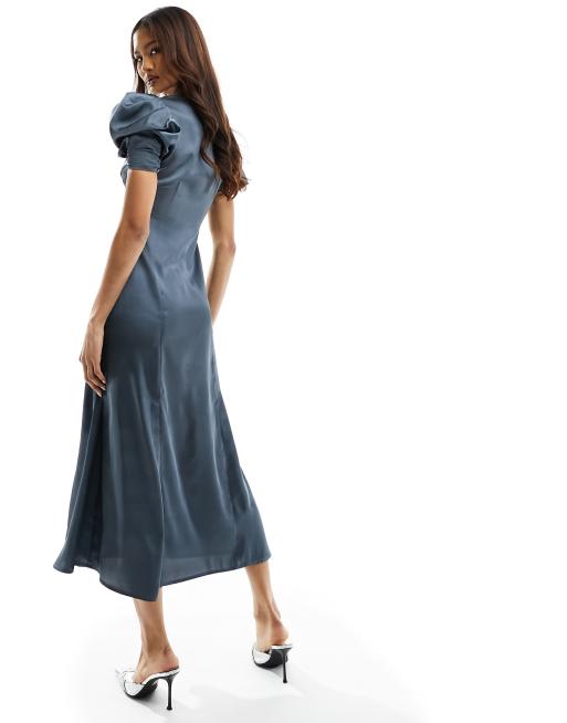 ASOS DESIGN - Nette satijnen midi jurk met V-hals en pofmouwen in blauwgrijs, 3 van 4