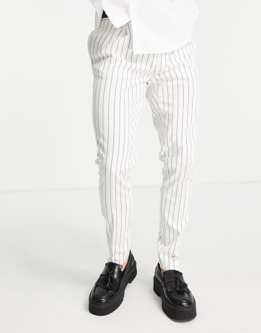 ASOS DESIGN - Nette skinny broek van linnenmix met krijtstreep in ecru