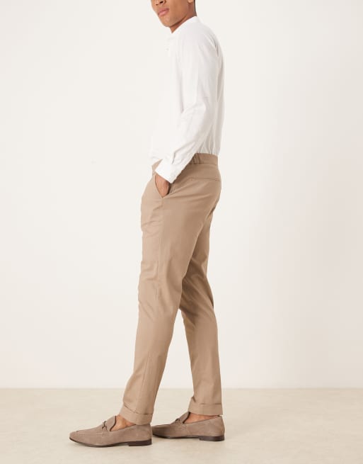 ASOS DESIGN - Nette skinny katoenrijke broek met elastische taille in donker beige, 3 van 5