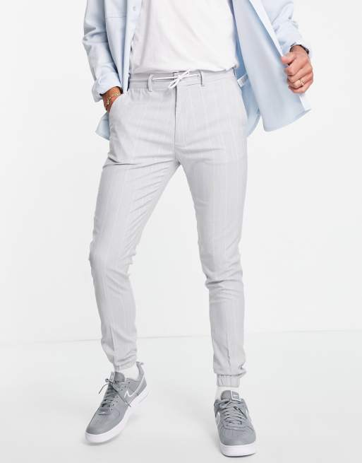 ASOS DESIGN - Nette skinny pantalon van zachte stof in lichtblauw met krijtstreep en trekkoord in de taille