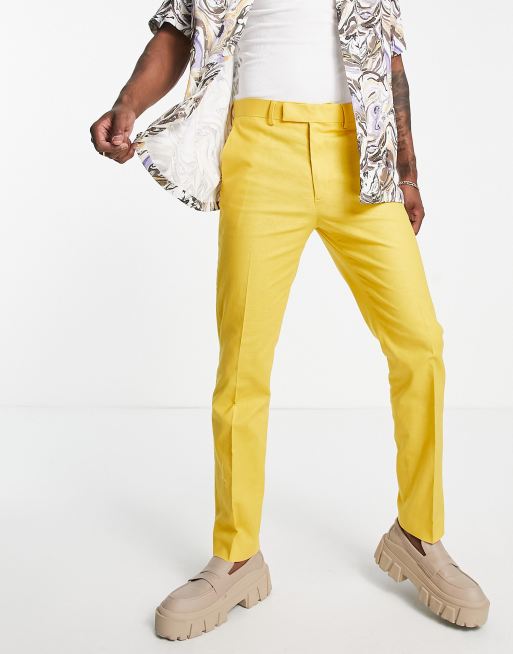 ASOS DESIGN - Nette slim fit broek van linnenmix in mosterdgeel