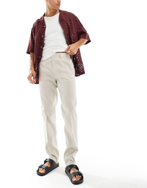 ASOS DESIGN - Nette slim-fit broek van linnenmix in stone