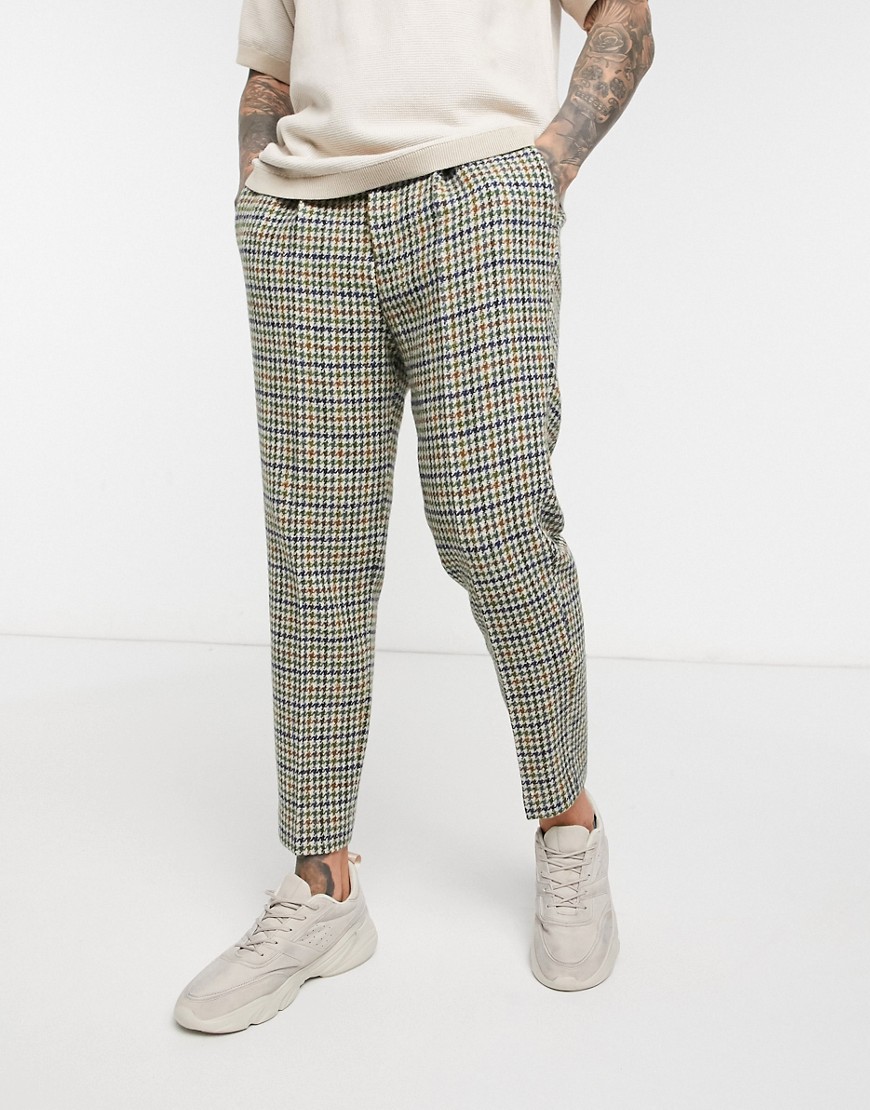 ASOS DESIGN - Nette smaltoelopende broek van 100% wollen Harris Tweed met grote pied-de-poule in grijs-Blauw