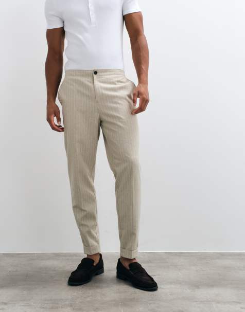 ASOS DESIGN - Nette toelopende broek met linnen, krijtstreep en elastische taille in stone - view 1