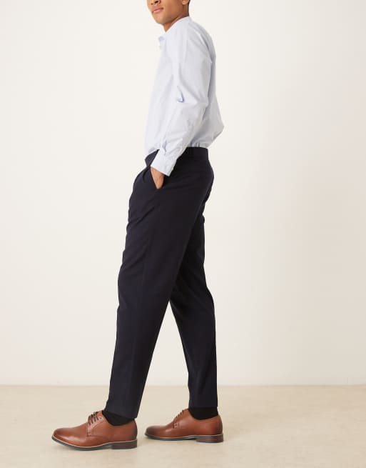 ASOS DESIGN - Nette toelopende broek van flanel met elastische tailleband in marineblauw, 3 van 5