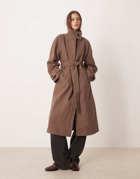 ASOS DESIGN - Nette trenchcoat met lange pasvorm en opstaande boord in paddenstoelkleur - view 1