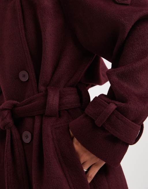 ASOS DESIGN - Nette trenchcoat met opstaande boord en lange pasvorm in bordeauxrood, 4 van 4