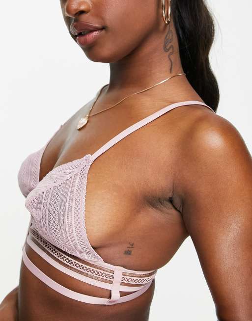 ASOS DESIGN Nettie filament and fishnet soft bra in dusty pink