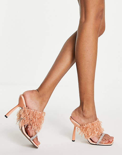 Women Heels/Nettle faux feather embellished heeled mules in apricot 