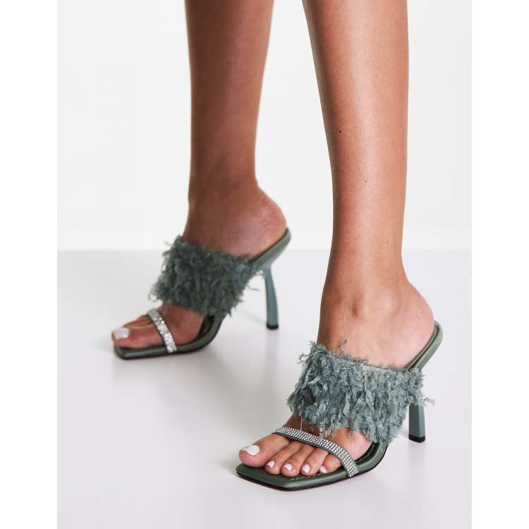 ASOS DESIGN Nettle faux feather embellished heeled mules in sage green