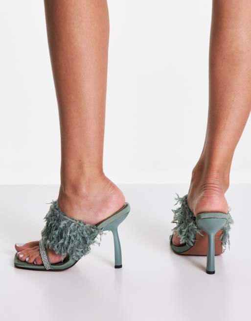 ASOS DESIGN Nettle faux feather embellished heeled mules in sage green, 2 of 4