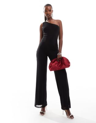 ASOS DESIGN - Netzstoff-Jumpsuit in Schwarz mit One-Shoulder-Träger und weitem Bein