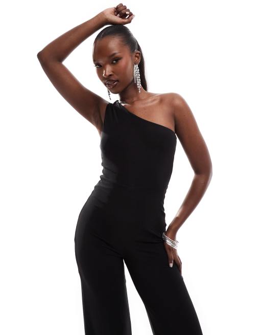 ASOS DESIGN Netzstoff Jumpsuit in Schwarz mit One Shoulder Trager und weitem Bein