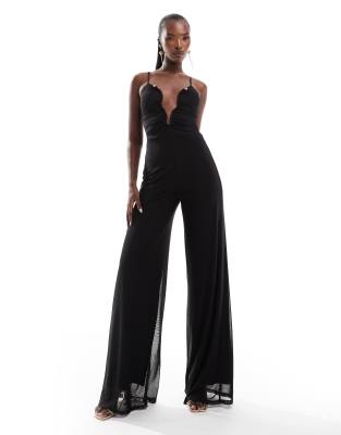 ASOS DESIGN - Netzstoff-Jumpsuit in Schwarz mit schmalen Trägern, weitem Bein und kurvigem Ausschnitt