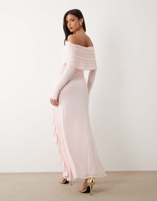 ASOS DESIGN – Netzstoff-Maxikleid in Babyrosa mit Carmen-Ausschnitt, Drapierung und Rüschendetail, 4 von 4