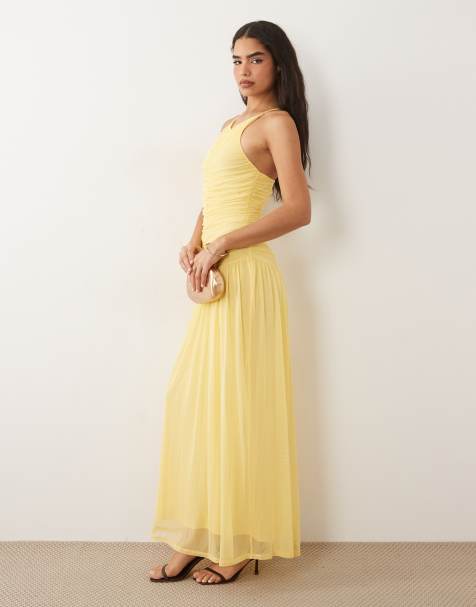ASOS DESIGN – Netzstoff-Maxikleid in Buttermilchgelb mit hohem V-Ausschnitt, Neckholder und gerafften Details - view 1