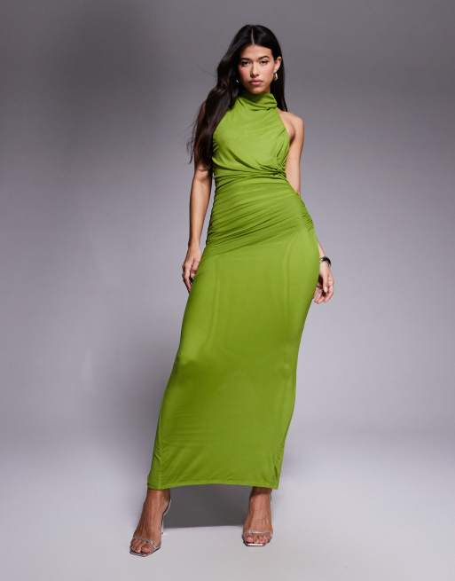 ASOS DESIGN – Netzstoff-Maxikleid in Grün mit verdrehtem Brustdetail und im Nacken gebundenem Neckholder , 3 von 4