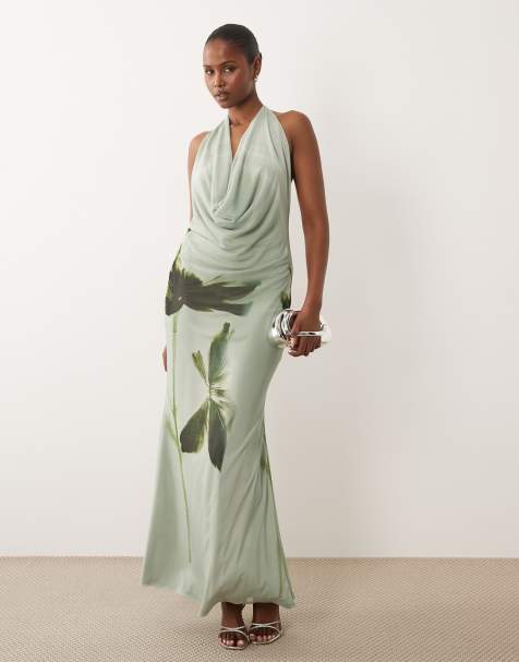 ASOS DESIGN – Netzstoff-Maxikleid in Petrol mit Wasserfallausschnitt und Blumenmotiv - view 1