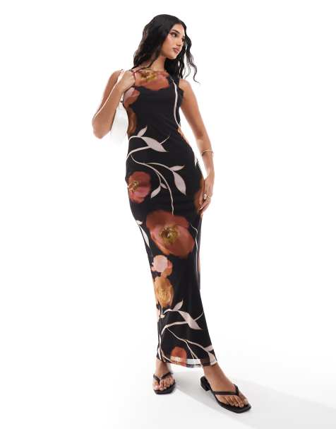 ASOS DESIGN – Netzstoff-Maxikleid in Schwarz mit Blumenmuster und gebundenem Wasserfallausschnitt hinten - view 1