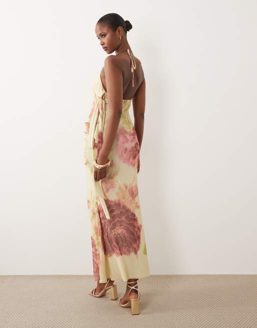 ASOS DESIGN – Netzstoff-Maxikleid in Zitronengelb mit Blumenmuster, drapierter Schärpe und seitlich gebundener, abfallender Schleife, 2 von 4