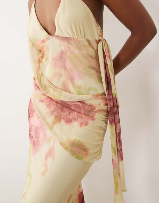 ASOS DESIGN – Netzstoff-Maxikleid in Zitronengelb mit Blumenmuster, drapierter Schärpe und seitlich gebundener, abfallender Schleife, 4 von 4