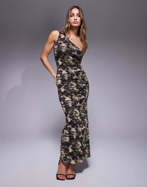 ASOS DESIGN – Netzstoff-Maxikleid mit abstraktem Print und One-Shoulder-Träger - view 1