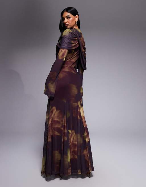 ASOS DESIGN – Netzstoff-Maxikleid mit drapiertem Ausschnitt mit Overlay und verschwommenem Blumenmuster, 4 von 4