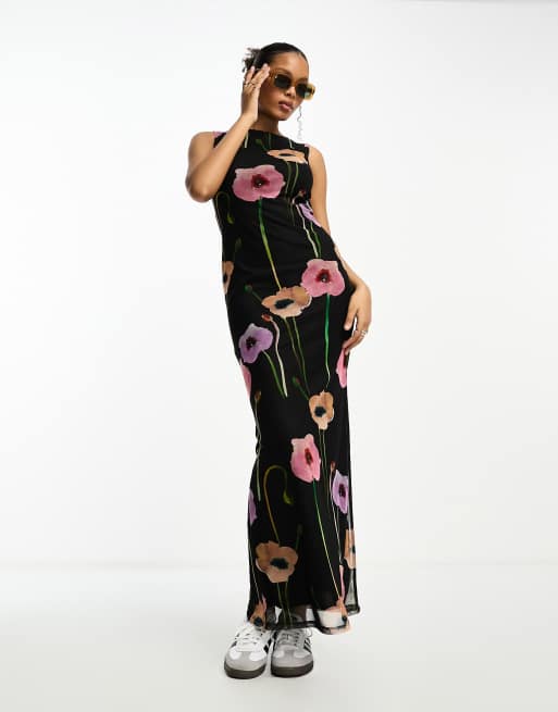 ASOS DESIGN – Netzstoff-Maxikleid mit Mohnblumenmuster und Schlitzausschnitt