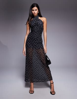 ASOS DESIGN - Netzstoff-Maxikleid mit Neckholder, überkreuztem Detail, transparentem Rock und Polka-Dot-Muster-Bunt