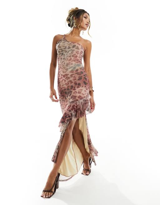 ASOS DESIGN – Netzstoff-Maxikleid mit Rüschendetail und Riemchenträgern in Leopardenoptik