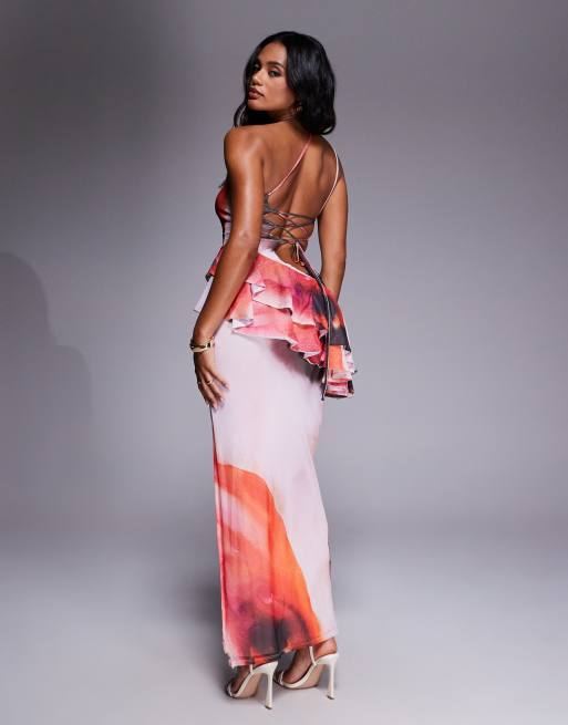 ASOS DESIGN – Netzstoff-Maxikleid mit Schößchen, Bindedetail hinten und abstraktem Print, 4 von 4