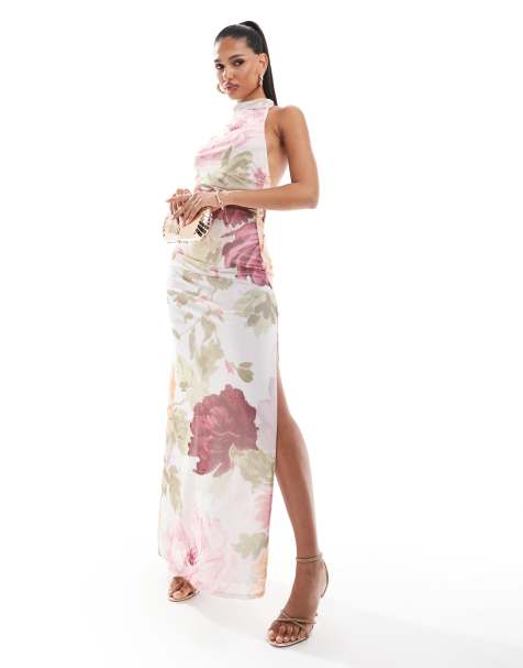 ASOS DESIGN – Netzstoff-Maxikleid mit Seitenschlitz, verdrehtem, hinten gebundenem Neckholder-Träger und Vintage-Blumenmuster - view 1