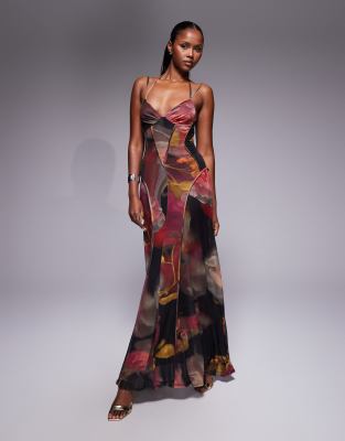 ASOS DESIGN - Netzstoff-Maxikleid mit sichtbarer Ziernaht und verschwommenem rosa Blumenmuster-Bunt