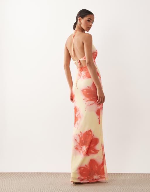ASOS DESIGN – Netzstoff-Maxikleid mit tiefem V-Ausschnitt und rosa Blumenmuster, 4 von 4