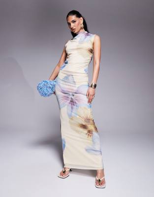 ASOS DESIGN - Netzstoff-Maxirock in Buttermilchgelb mit niedrigem Bund und Blumenmuster, Kombiteil