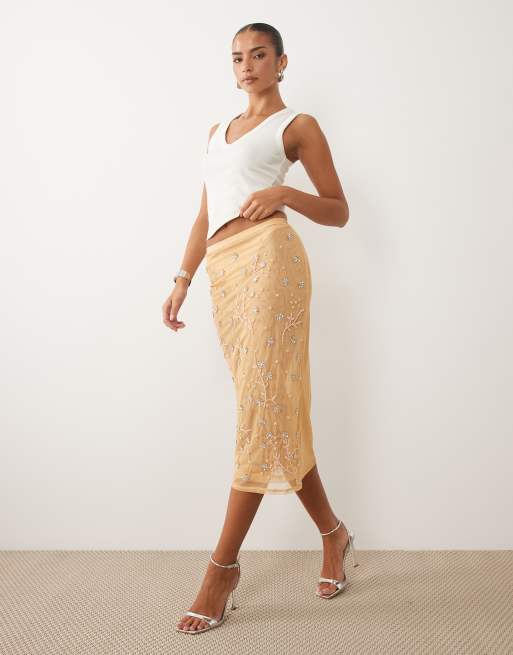 ASOS DESIGN – Netzstoff-Maxirock in Cremeweiß mit verstreuter Verzierung, 2 von 5