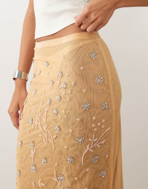 ASOS DESIGN – Netzstoff-Maxirock in Cremeweiß mit verstreuter Verzierung, 4 von 5