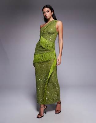 ASOS DESIGN - Netzstoff-Midikleid in Grün mit Paillettenbesatz, verdrehtem One-Shoulder-Träger und drapierten Stoffbahne...