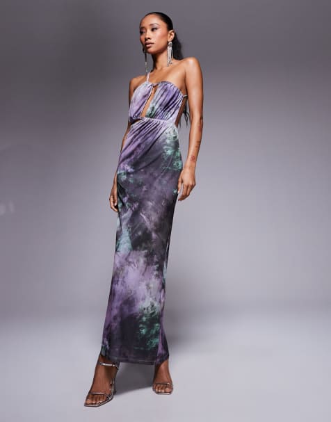 ASOS DESIGN – Netzstoff-Midikleid mit abstraktem lila Muster und Zierausschnitt - view 1