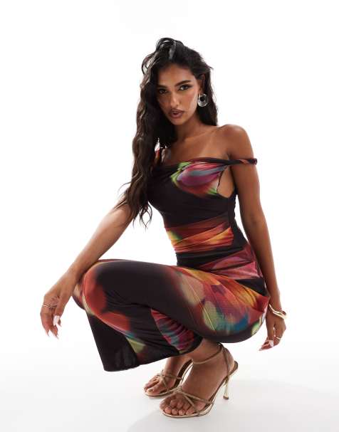 ASOS DESIGN – Netzstoff-Midikleid mit Blumenmuster und One-Shoulder-Träger mit verdrehtem Detail - view 1