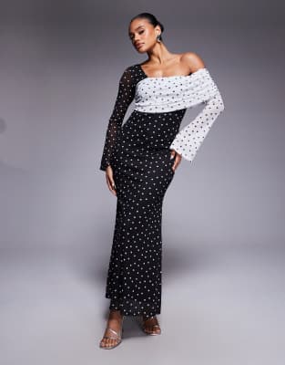 ASOS DESIGN - Netzstoff-Midikleid mit einer herabfallenden Schulterpartie und Ärmeln mit kontrastierendem Polka-Dot-Must...