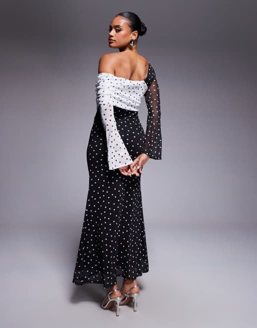 ASOS DESIGN – Netzstoff-Midikleid mit einer herabfallenden Schulterpartie und Ärmeln mit kontrastierendem Polka-Dot-Muster, 3 von 4