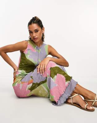 ASOS DESIGN - Netzstoff-Midikleid mit Landschafts-Print, Kräuselsaum und Rundhalsausschnitt-Bunt