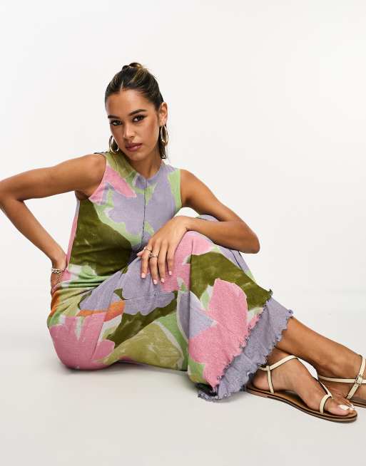 ASOS DESIGN Netzstoff Midikleid mit Landschafts Print Krauselsaum und Rundhalsausschnitt