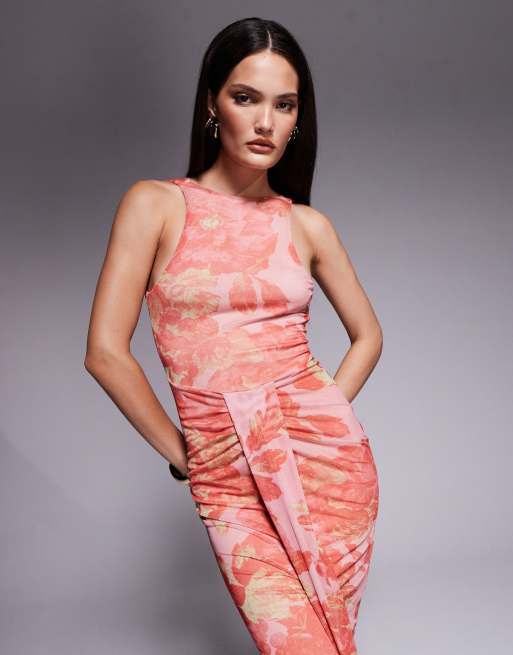 ASOS DESIGN – Netzstoff-Midikleid mit rosa Blumenmuster, U-Boot-Ausschnitt, Schärpendetail und Rückenausschnitt, 4 von 4
